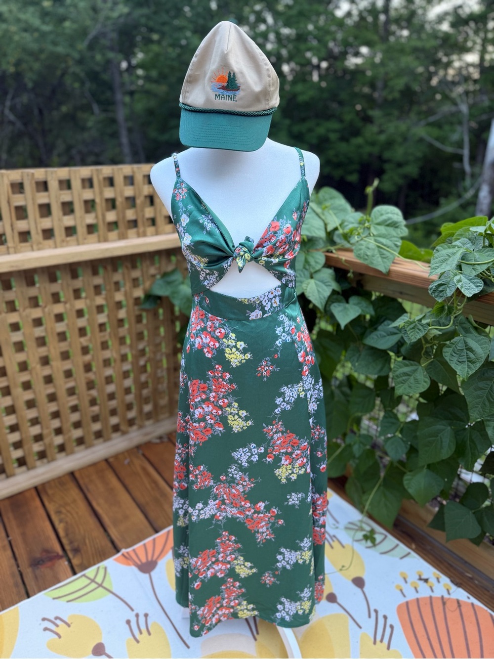 Green Floral Cutout Maxi Dress Spaghetti Straps *HAT NOT INCLUDED*